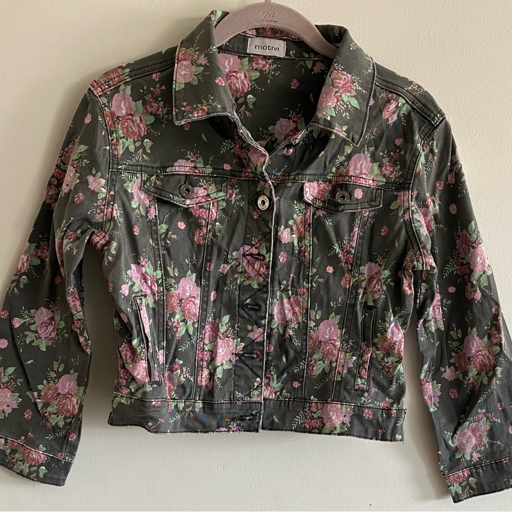 Motivi Pink and Green Jean Jacket with Floral Camouflage
